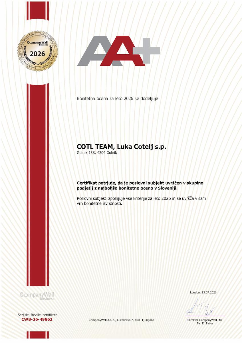 Celoten certifikat bonitetne odličnosti COTL TEAM za leto 2026